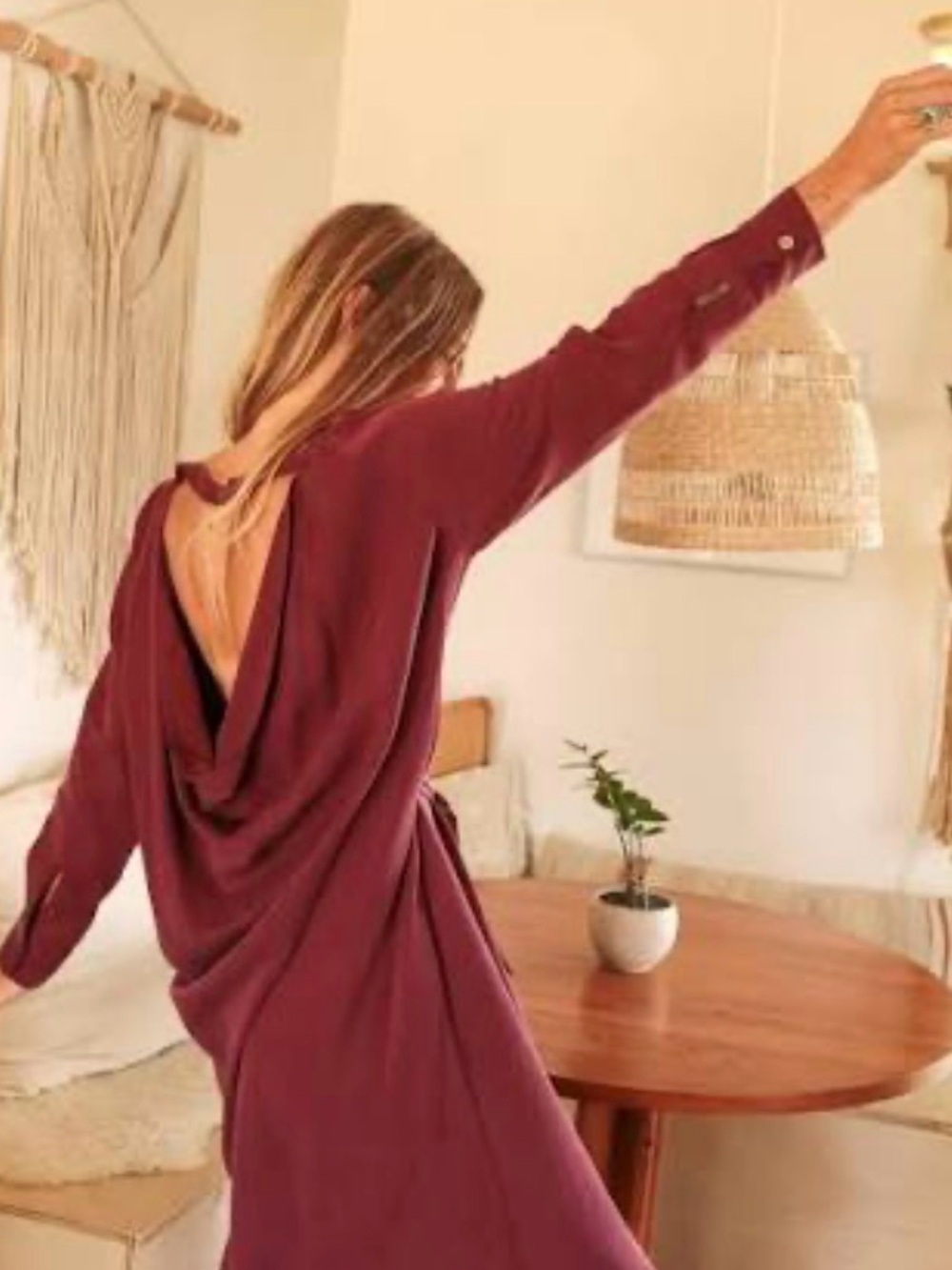 Backless Draped Long-Sleeve Dress in Burgundy